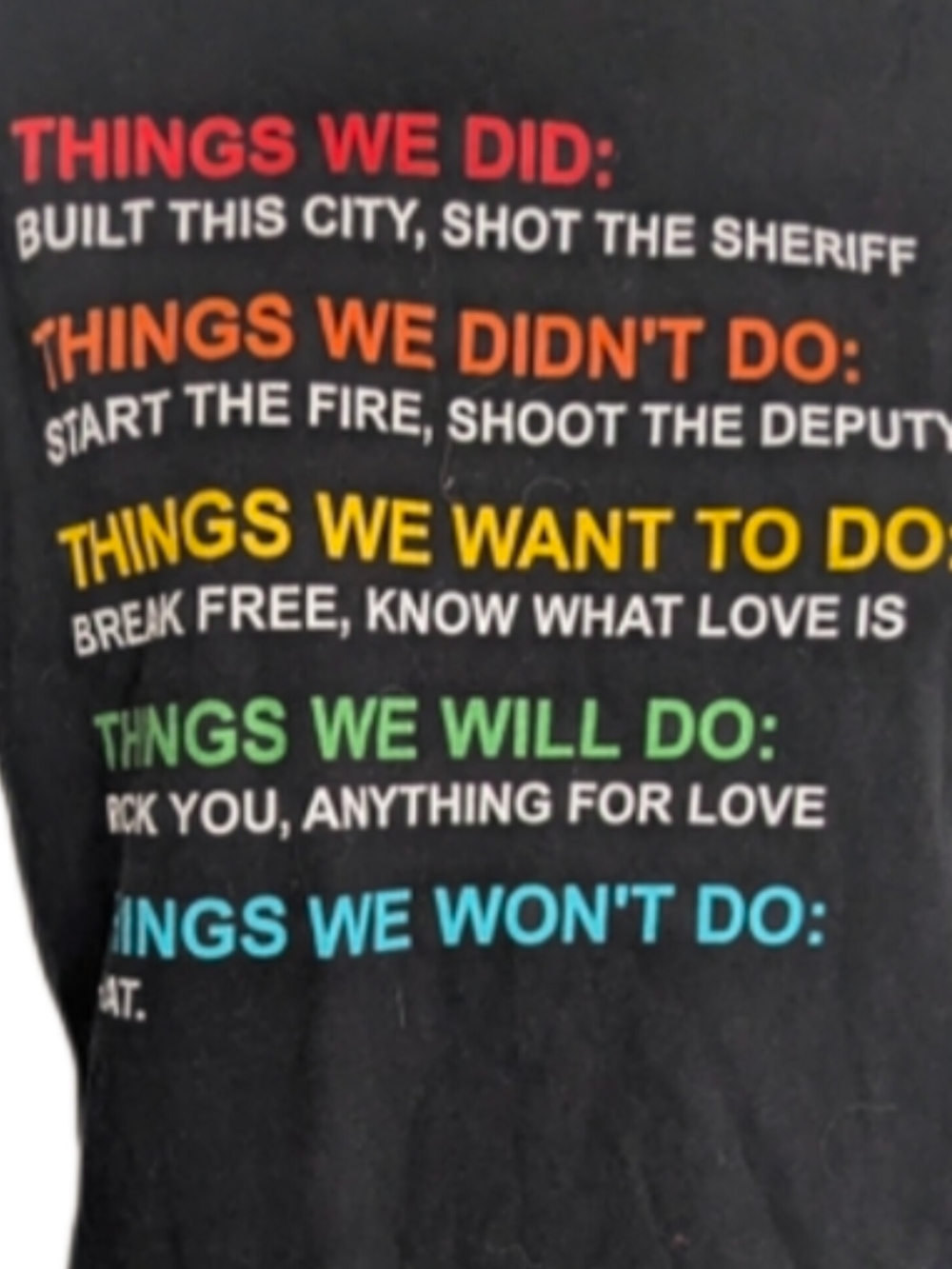 80s Song Lyrics THINGS We Did Built This City; Shot The Sheriff Black Tee Medium